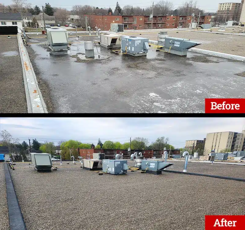 Case study showing how tapered insulation for flat roofs can fix ponding and standing water.