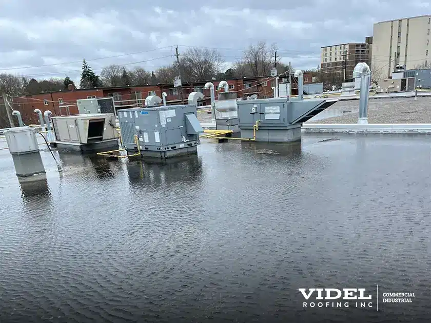 Roof equipment surrounded by standing water, requiring tapered insulation to improve water drainage