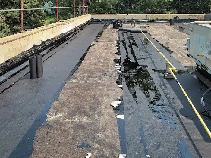 Videl Roofing crew installing polyiso insulation during commercial flat roof replacement in Barrie