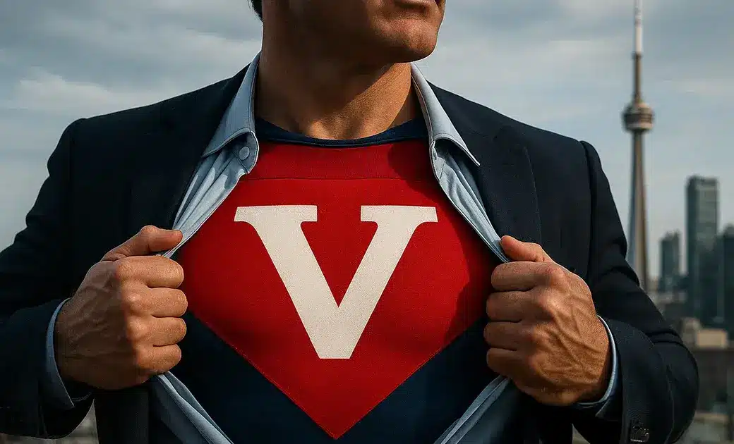 Man opening shirt to reveal Videl Roofing logo like a superhero with Toronto skyline in the background