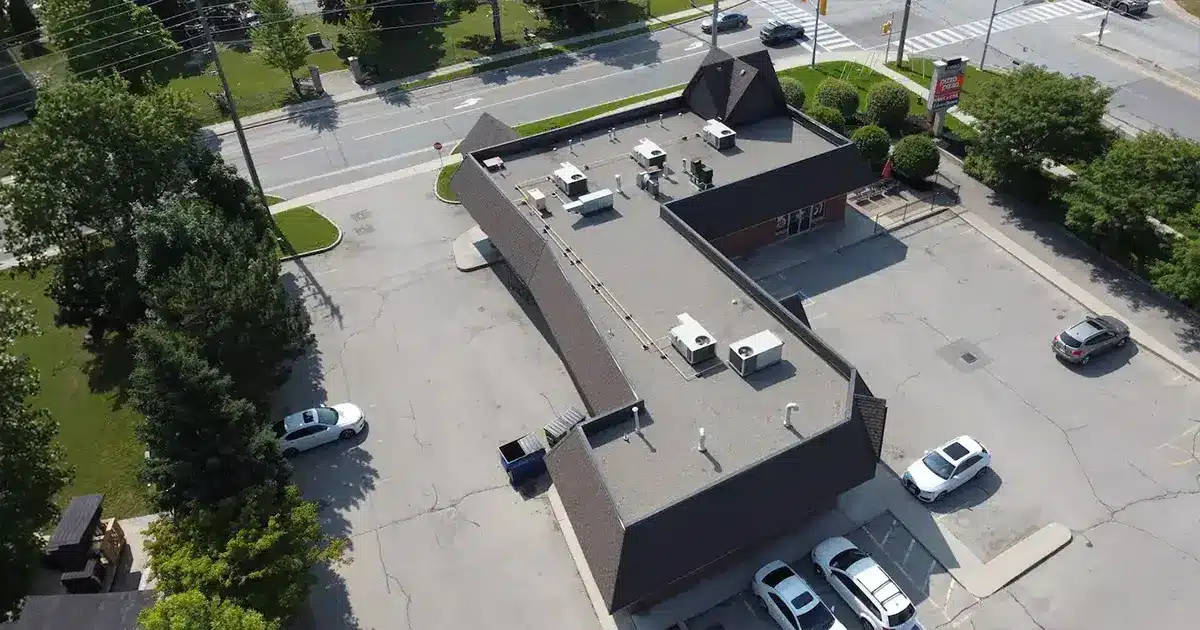 Roof Replacement in Brampton Aerial View of Strip Plaza