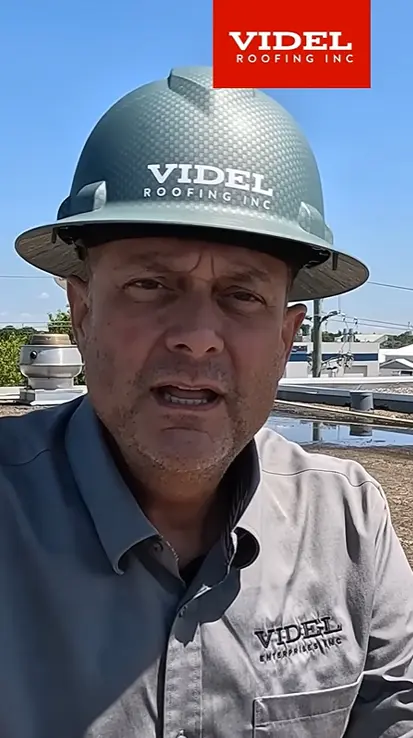 Kirby Hewines explaining a full commercial flat roof replacement on an 18,000 square foot building in Kitchener, Ontario, with ridges and blisters visible in the exposed membrane