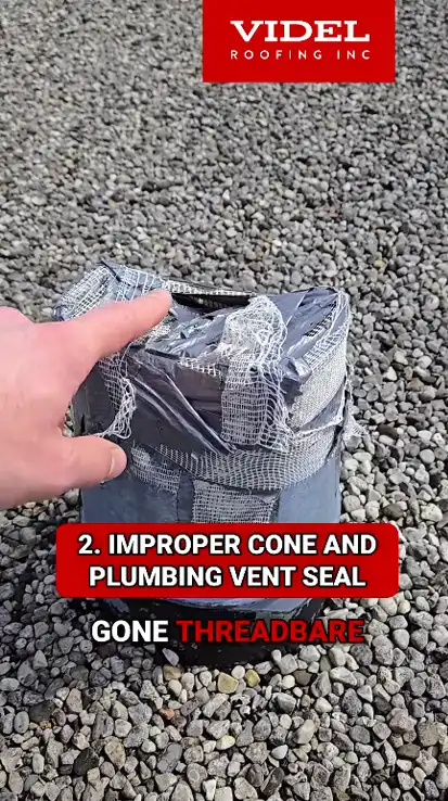 Kyle Hewines inspecting a commercial flat roof showing exposed membrane, improper vent covers, and duct tape patches found during a routine Markham roof inspection