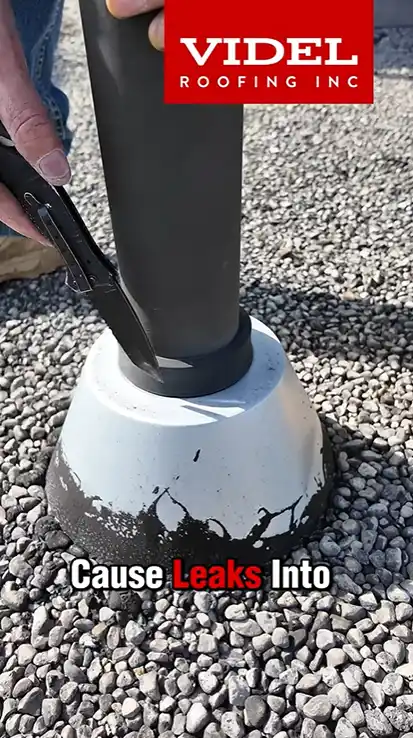 Videl roofing contractor sealing a leaking plumbing vent on a commercial flat roof with rubberized asphalt